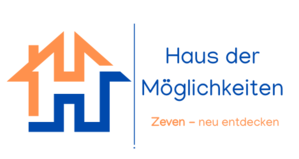 Logo der Aktion Haus der Möglichkeiten. Stylisiertes Haus mit Text: Zeven neu entdecken